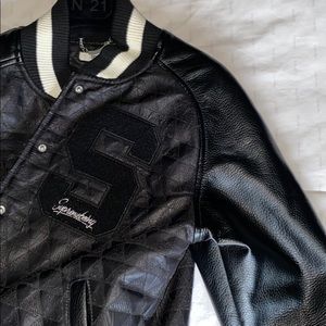 Faux leather letterman/varsity jacket